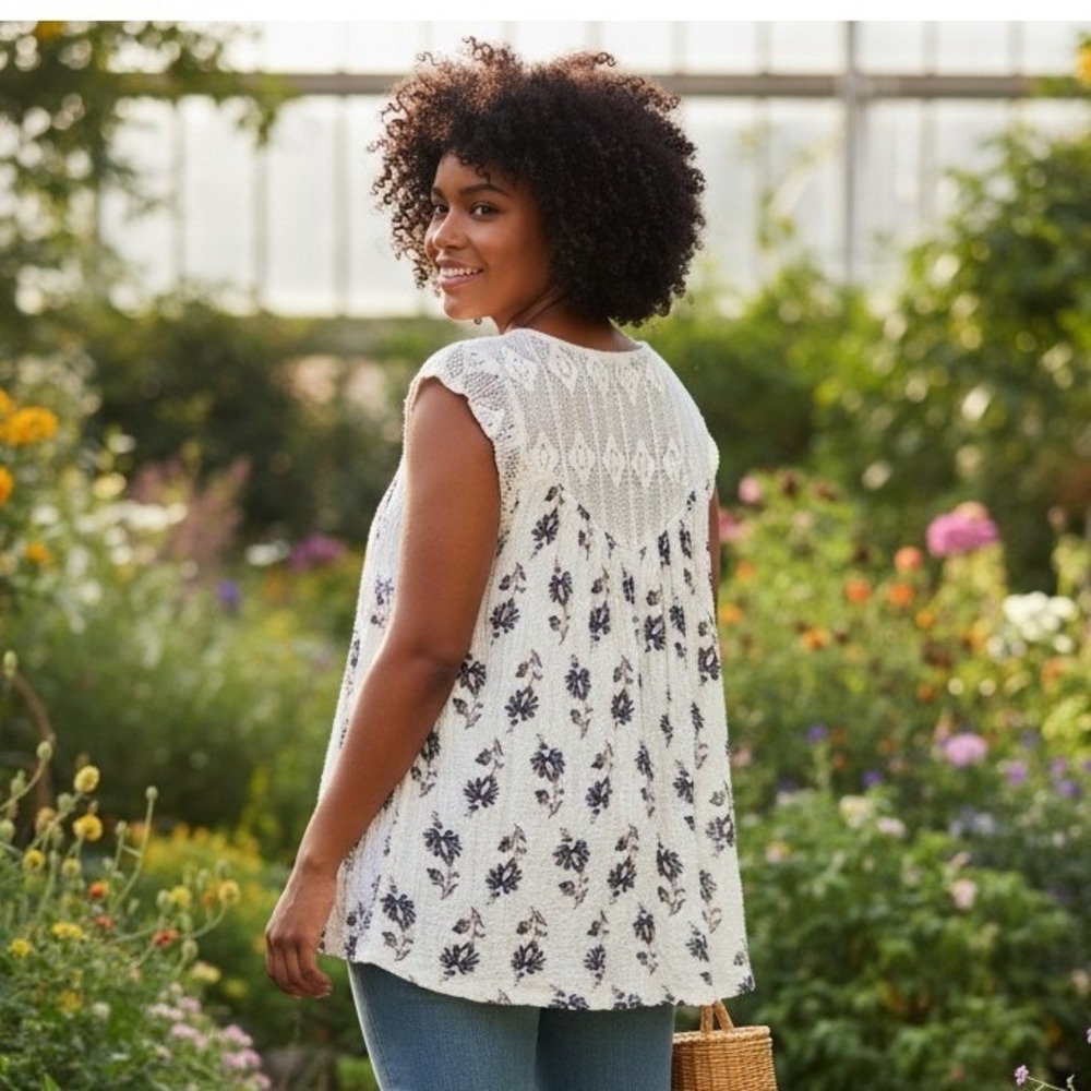 Lucky Brand Floral Top Womens 2X Lace Yoke Flutter Sleeve Boho Cottagecore